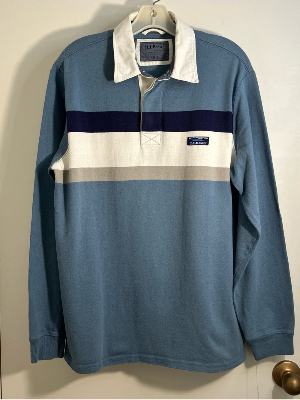 L.L. Bean Men’s Long-Sleeve Rugby Shirt - Dusty Blue with Stripes Medium Preppy
